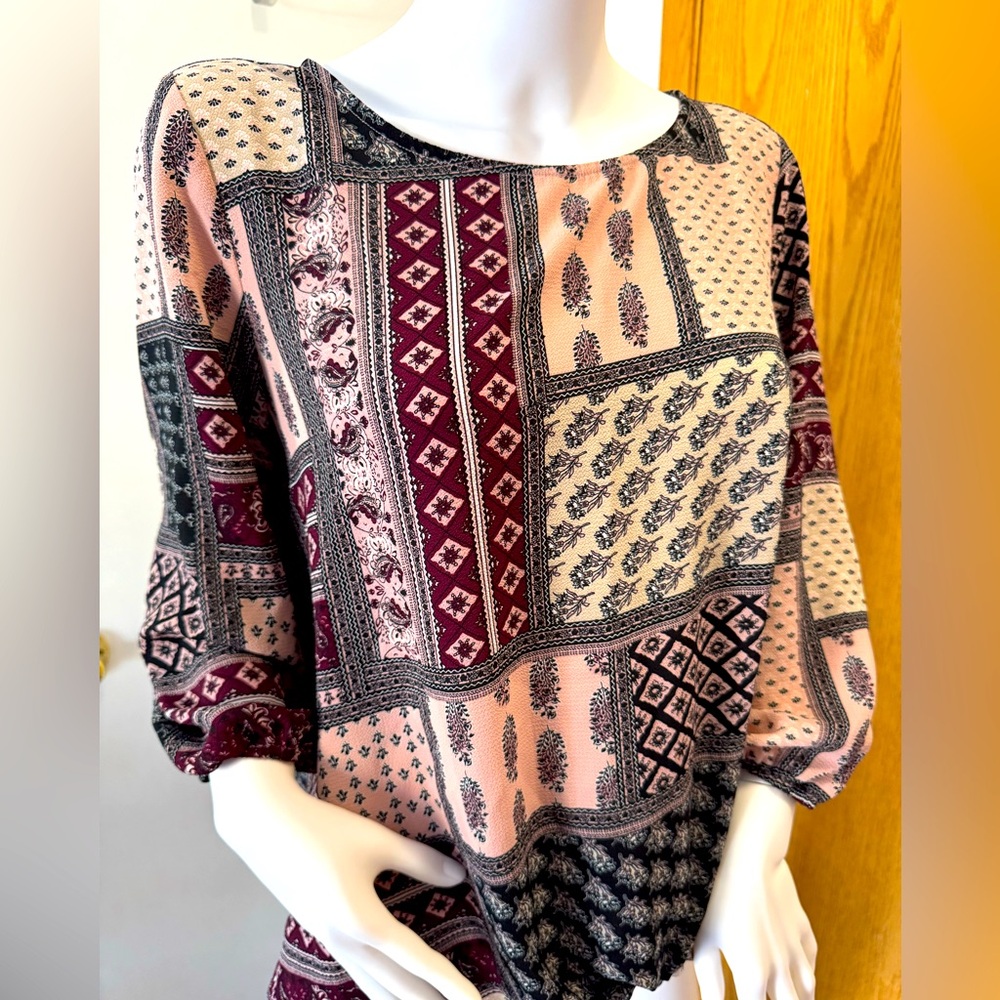 DressBarn pink and black Plaid Paisley 3/4 Sleeve Side Tie Blouse. Size L